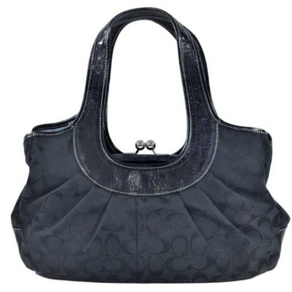 Coach Handbags - COACH Black Logo Canvas with Patent Leather Trim Shoulder Kiss-lock Satchel